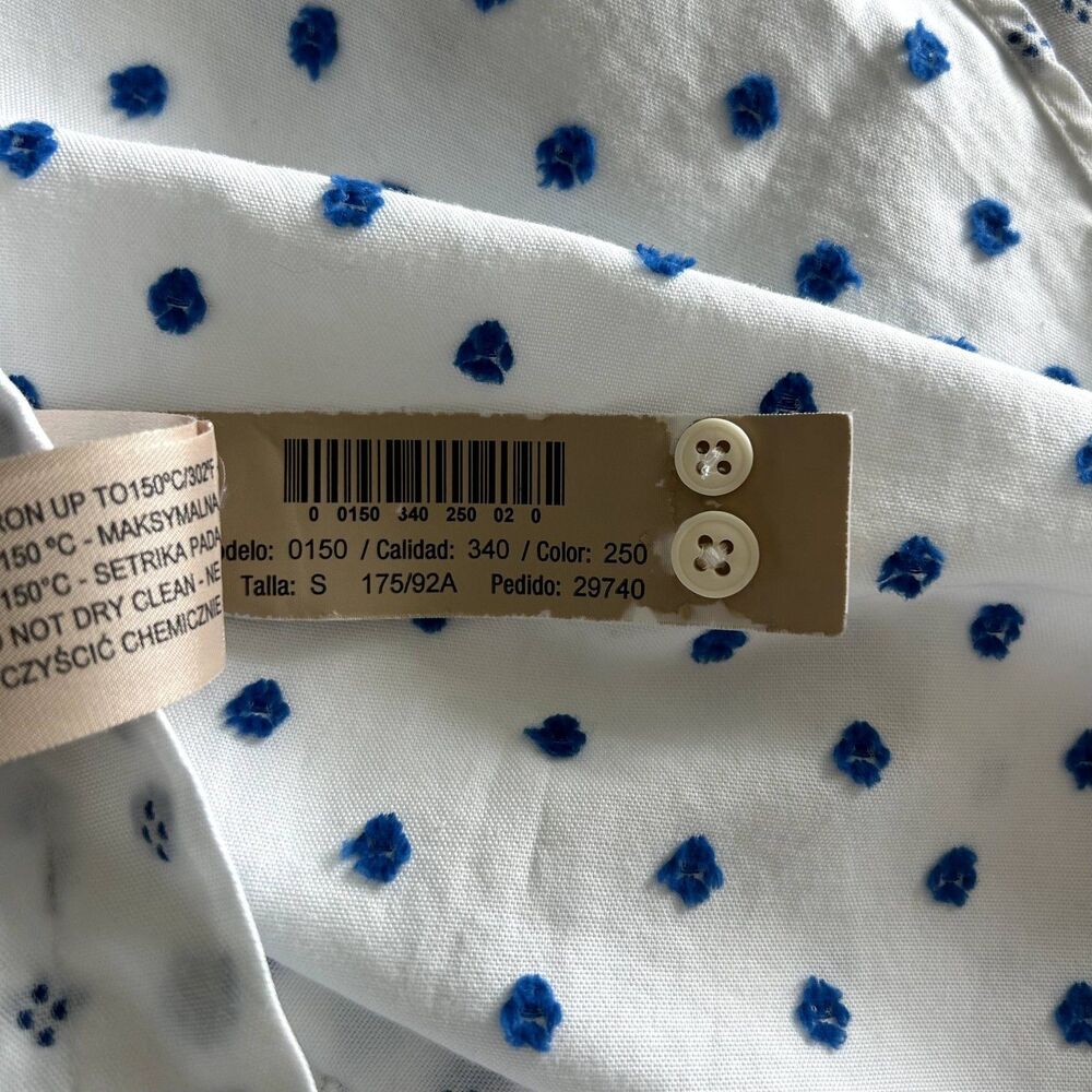 Massimo Dutti 100% Cotton White Button-Up Shirt Blue Embroidered Dot Men's Small - Picture 8 of 10